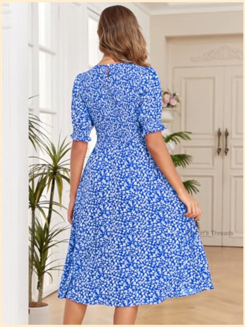 Casual Floral Midi Dress with Pockets Smocked Puff Sleeve - Picture 6 of 7